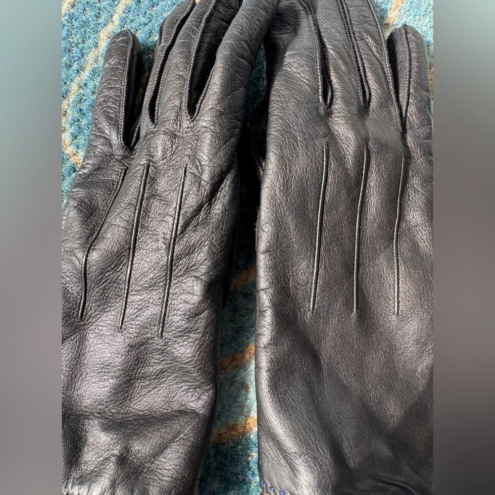 Coach Black Leather Gloves with Cashmere Lining & Blue Trim size 7.5